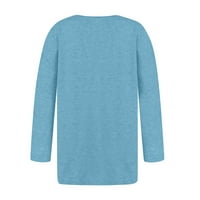 Просвета блузи с дълъг ръкав за жени ежедневни бутон за о-деколте с масивна блуза върхове свободни годни есенни ризи, сини, m