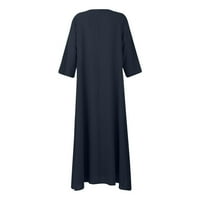 Лятна рокля за жени за жени, женски моден солиден цвят кръгъл копче за врата джоб с дълъг ръкав реколта памучно бельо дълга рокля