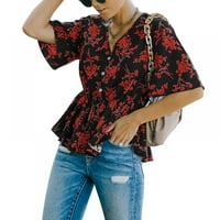 Женска люлееща се туника отгоре V вратна ръкав в ръкав флорален отпечатан шифон блуза половин ръкав ежедневна тениска